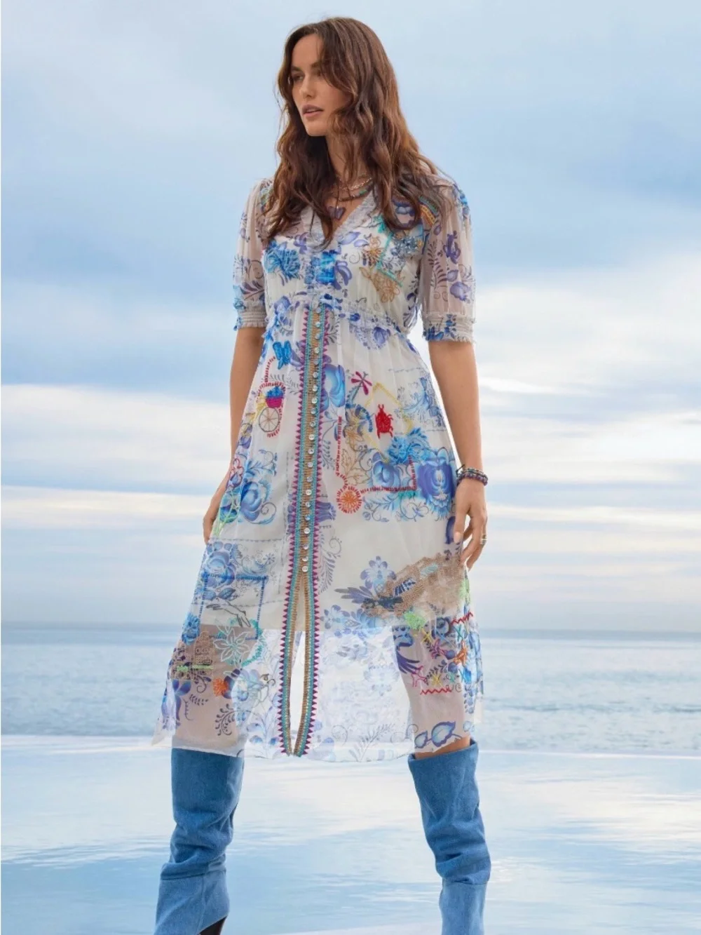 Johnny Was Mazzy Ruched Dress Farrowen Floral Midi Dress